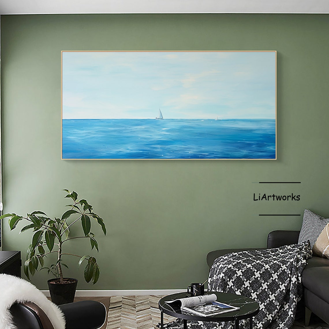 Two Sailboats On Serene Blue Ocean Minimalist Coastal Poster - Image 4