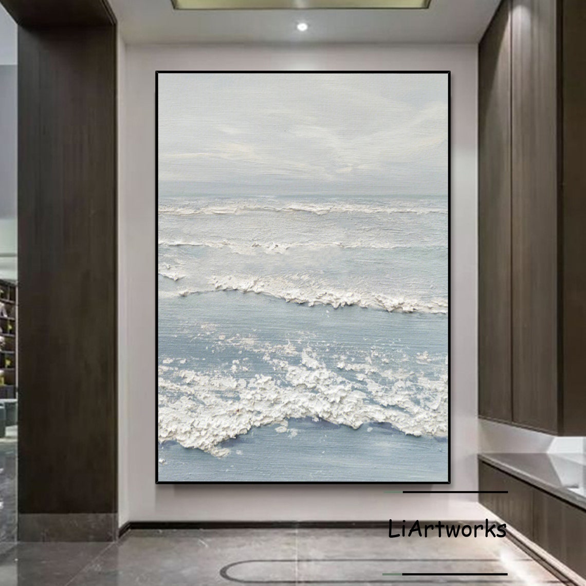Textured Blue Grey Ocean Waves Minimalist Coastal Seascape Art Poster - Image 4