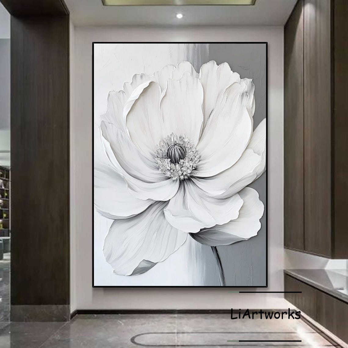 White Flower Close Up Gray Textured Impasto Floral Art Poster - Image 4