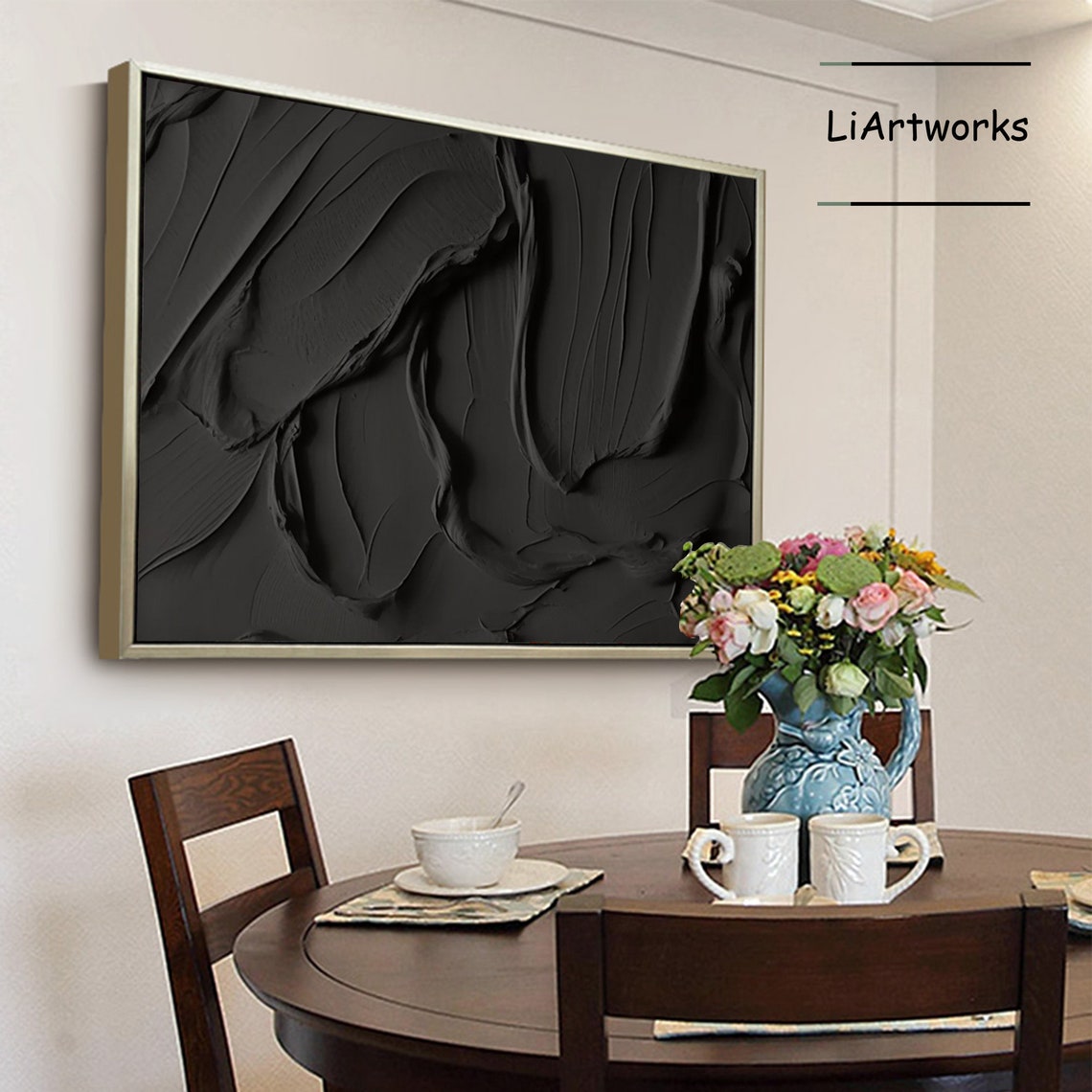 Black Textured Abstract Painting in Gold Frame Modern Dark Art Poster - Image 3