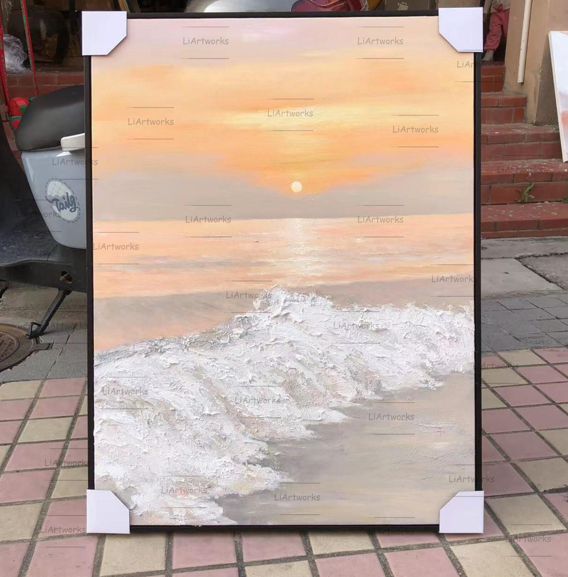 Abstract Peach Sunset Ocean Waves Textured Impasto Seascape Art Poster - Image 3
