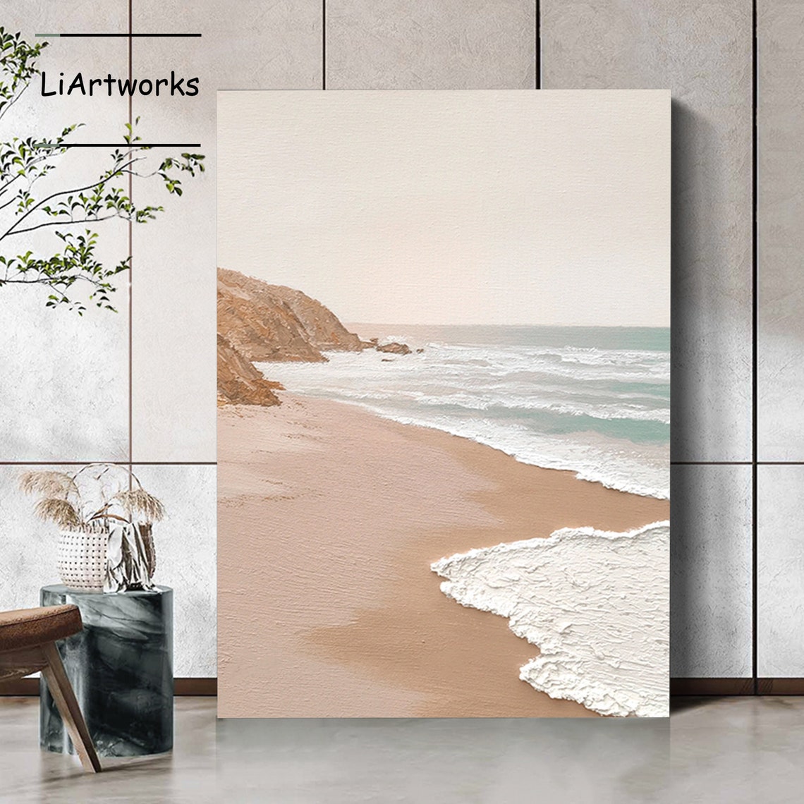 Minimalist Sandy Beach with Rocky Cliffs and Foam Waves Ocean Poster - Image 2