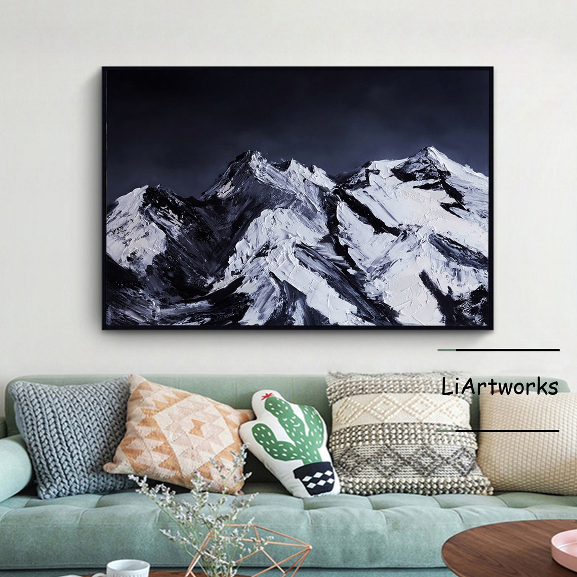 Black and White Snowcapped Mountain Peaks Dramatic Night Sky Poster - Image 3
