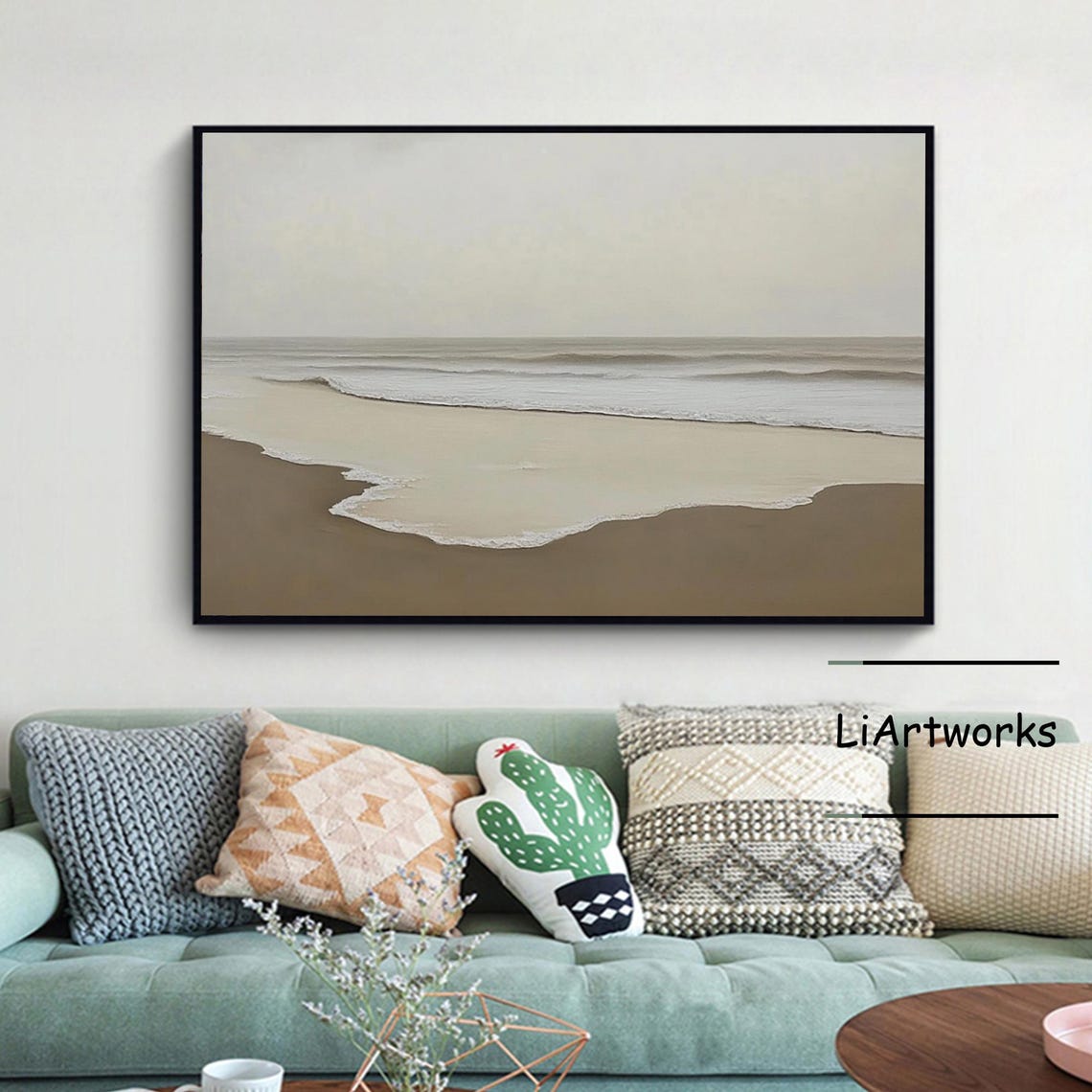Gray Minimalist Shoreline With Soft Waves on Pale Beige Sand Poster - Image 3