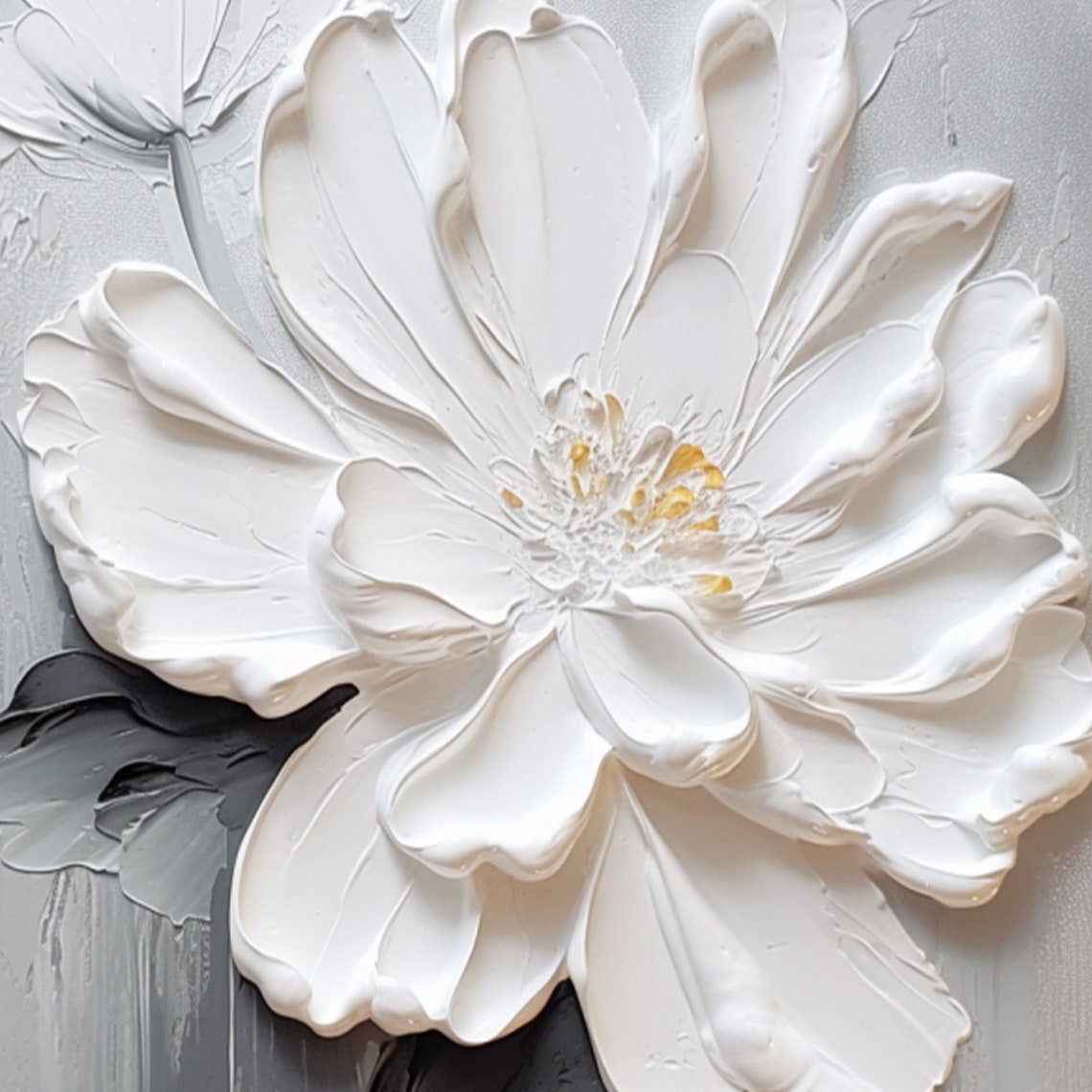 White Peony With Gold Stamens On Gray Textured Floral Art Poster - Image 2