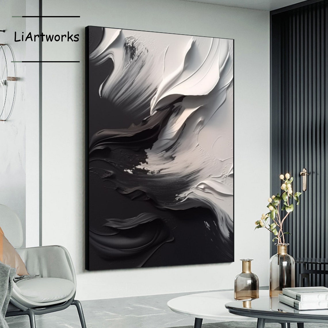 Black and White Flowing Wave Impasto Abstract Elegant Modern Poster - Image 4