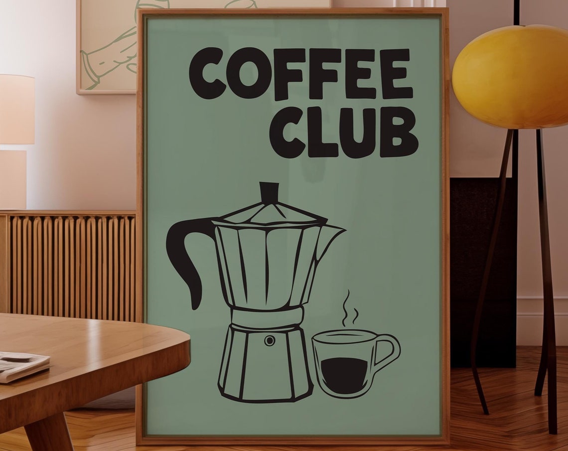 Sage Green Coffee Club Retro Moka Pot Espresso Kitchen Decor Poster