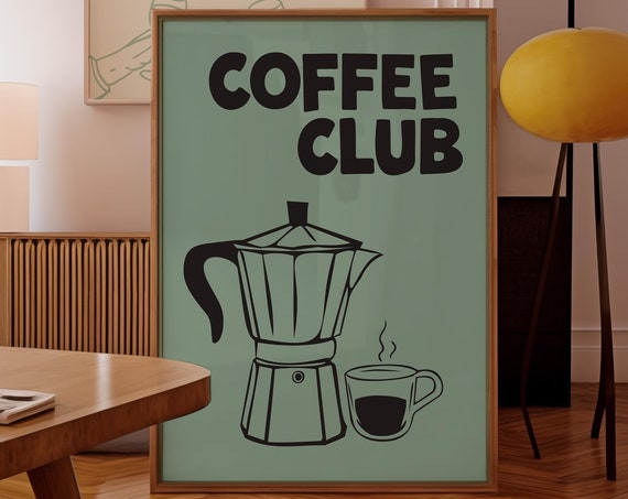 Trendy Green Coffee Club Print Retro Espresso Machine Poster Bar Cart Art Modern Kitchen Poster Office Wall Decor