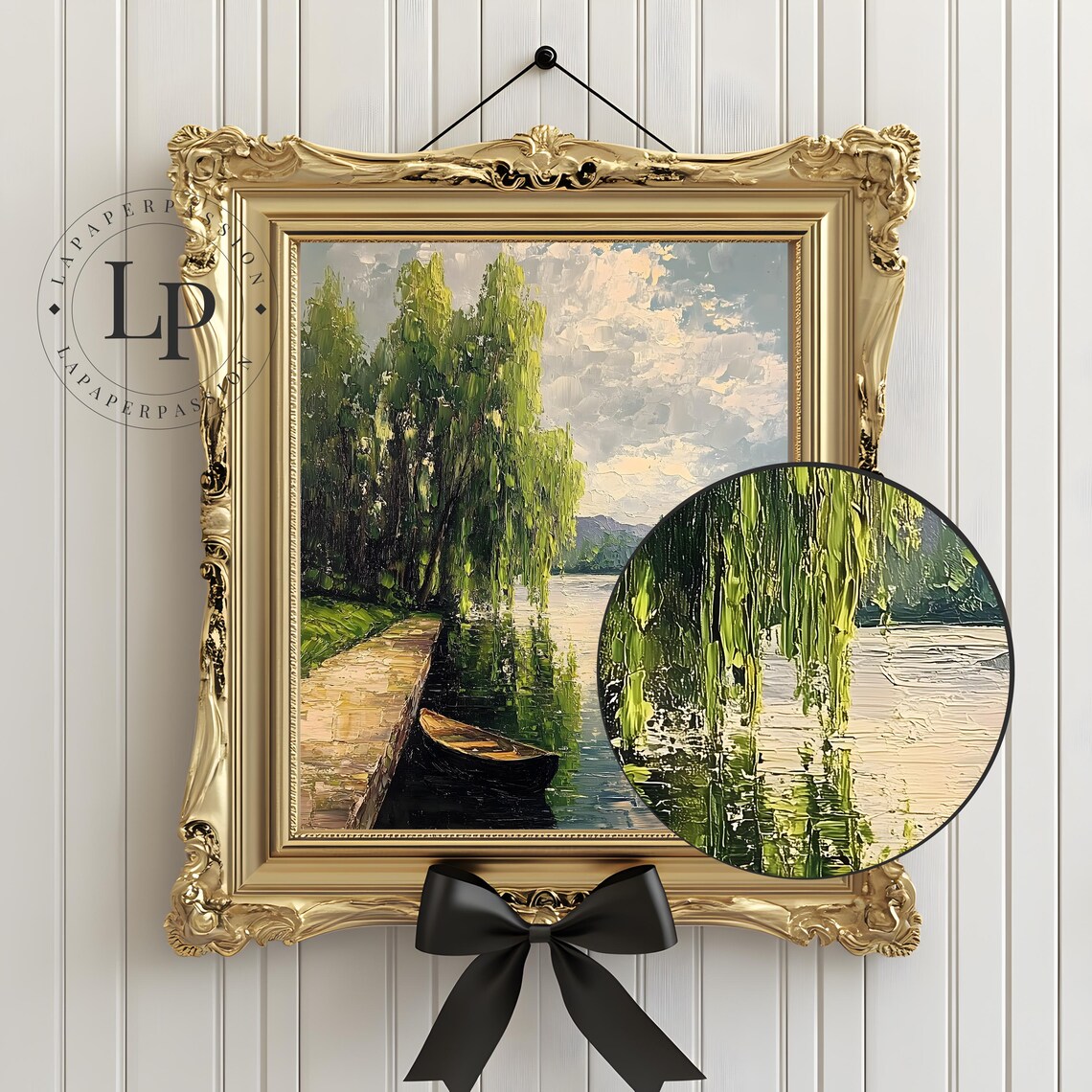 Weeping Willow Oil Painting by Calm Lake with Rowboat Poster - Image 4