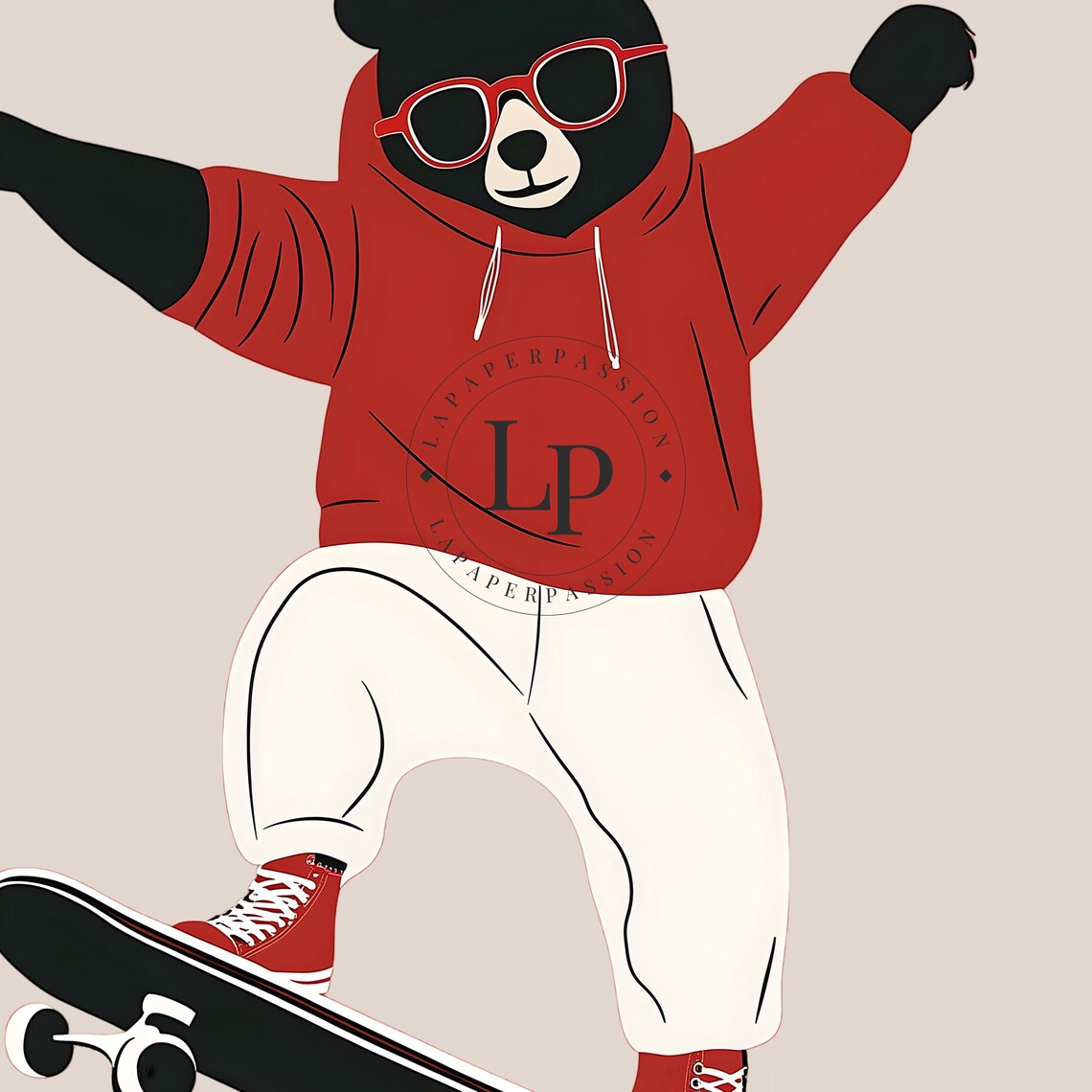 Skateboarding Bear Red Hoodie Trick Fun Kids Nursery Room Poster - Image 3