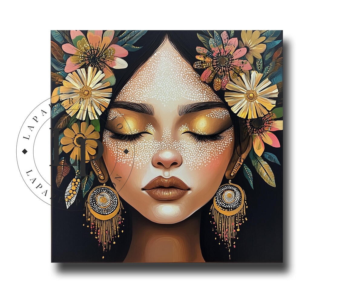 Woman Face Gold Glitter Closed Eyes Floral Crown Modern Poster - Image 3