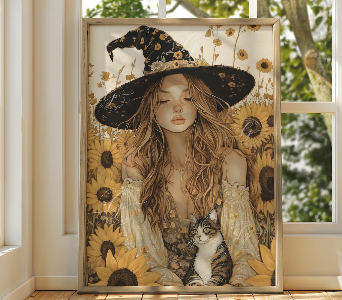 Sunflower Witch With Cat, Autumn Witch Decor