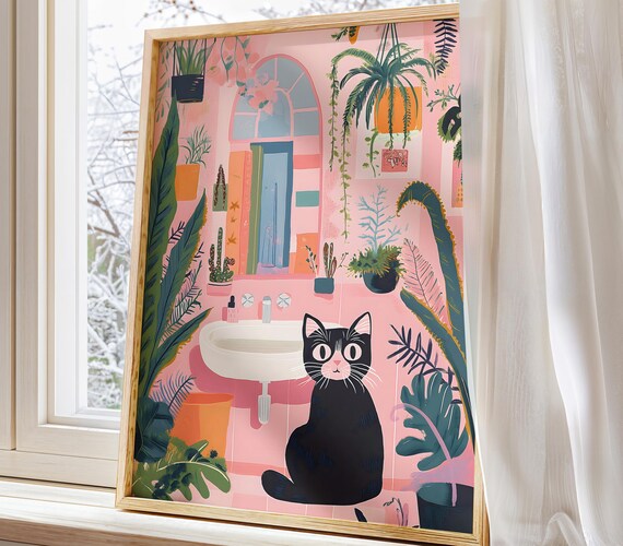 Black Cat in Pink Botanical Bathroom Whimsical Cat Plant Poster
