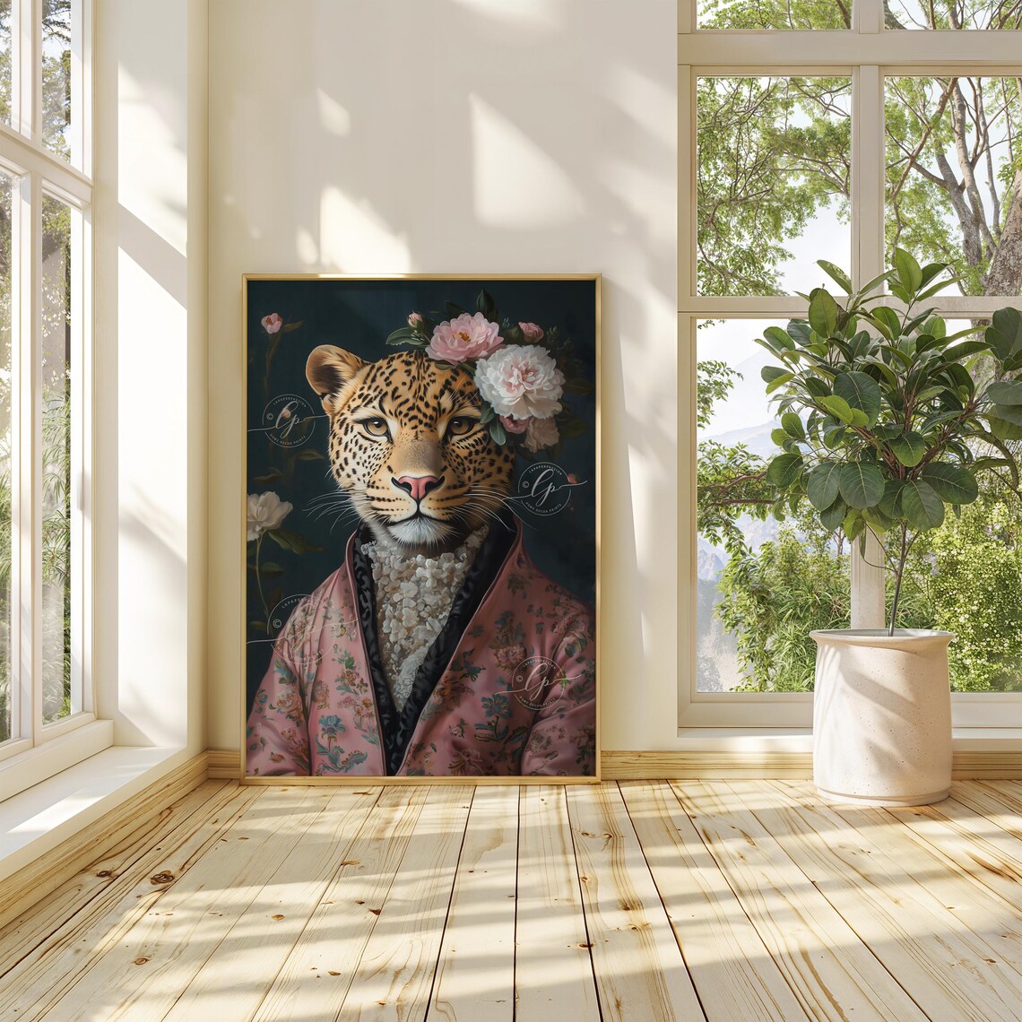 Leopard Portrait Pink Floral Robe Crown Dark Maximalist Poster - Image 3