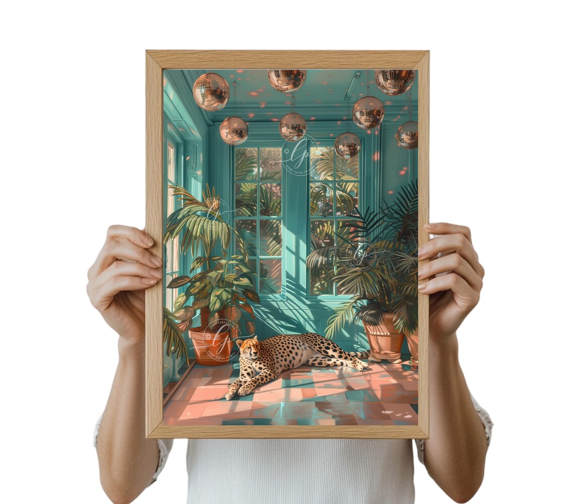 Cheetah Lounging Teal Sunroom Hanging Disco Balls Palm Wall Art - Image 2