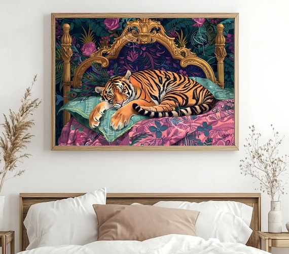 Sleeping Tiger in a Vintage Bed, Maximalist Jungle