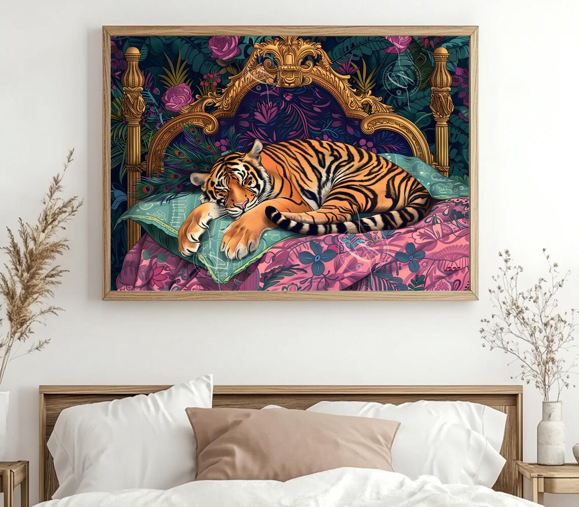 Sleeping Tiger in a Vintage Bed, Maximalist Jungle