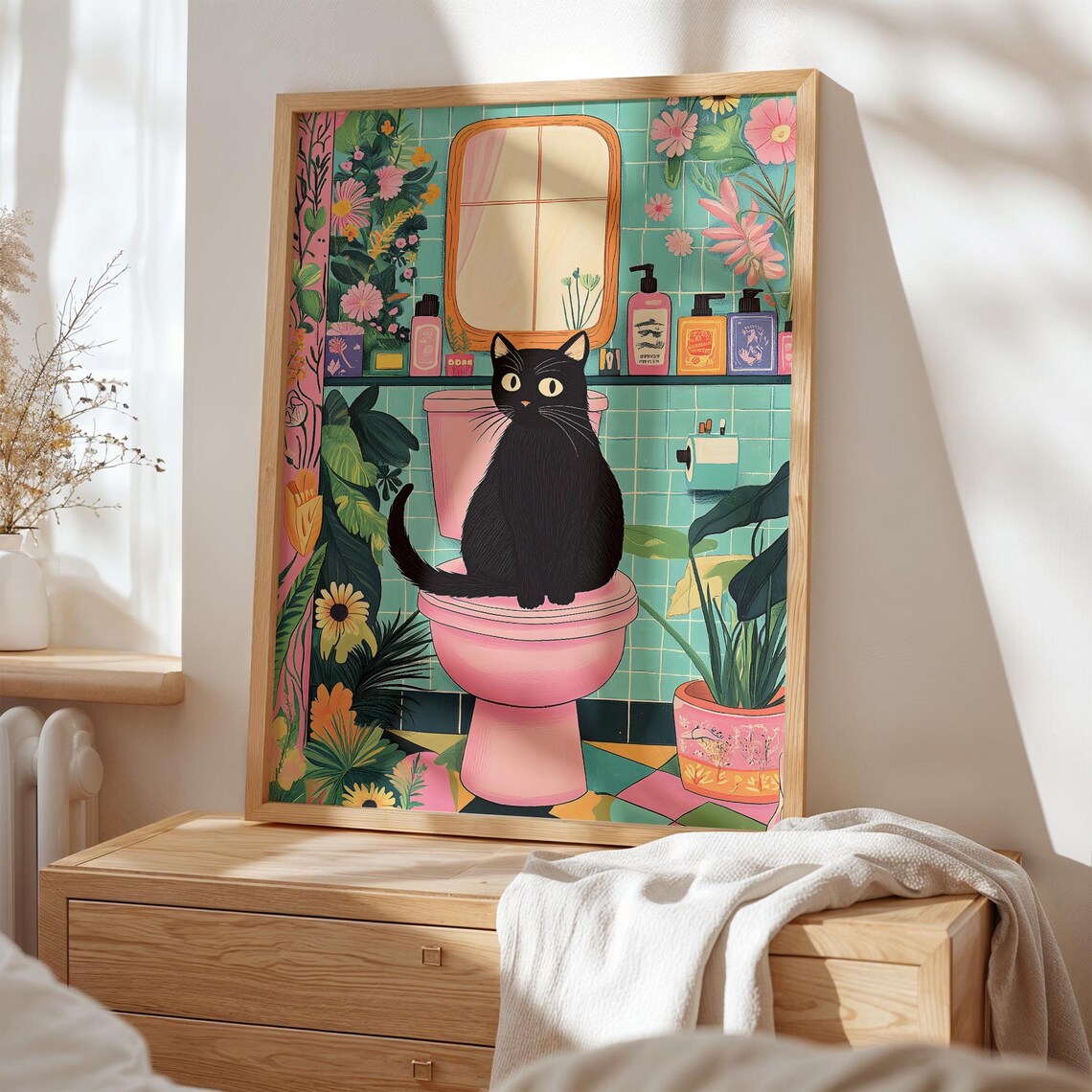 Black Cat Decor, Boho Botanical Bathroom Art - Image 4