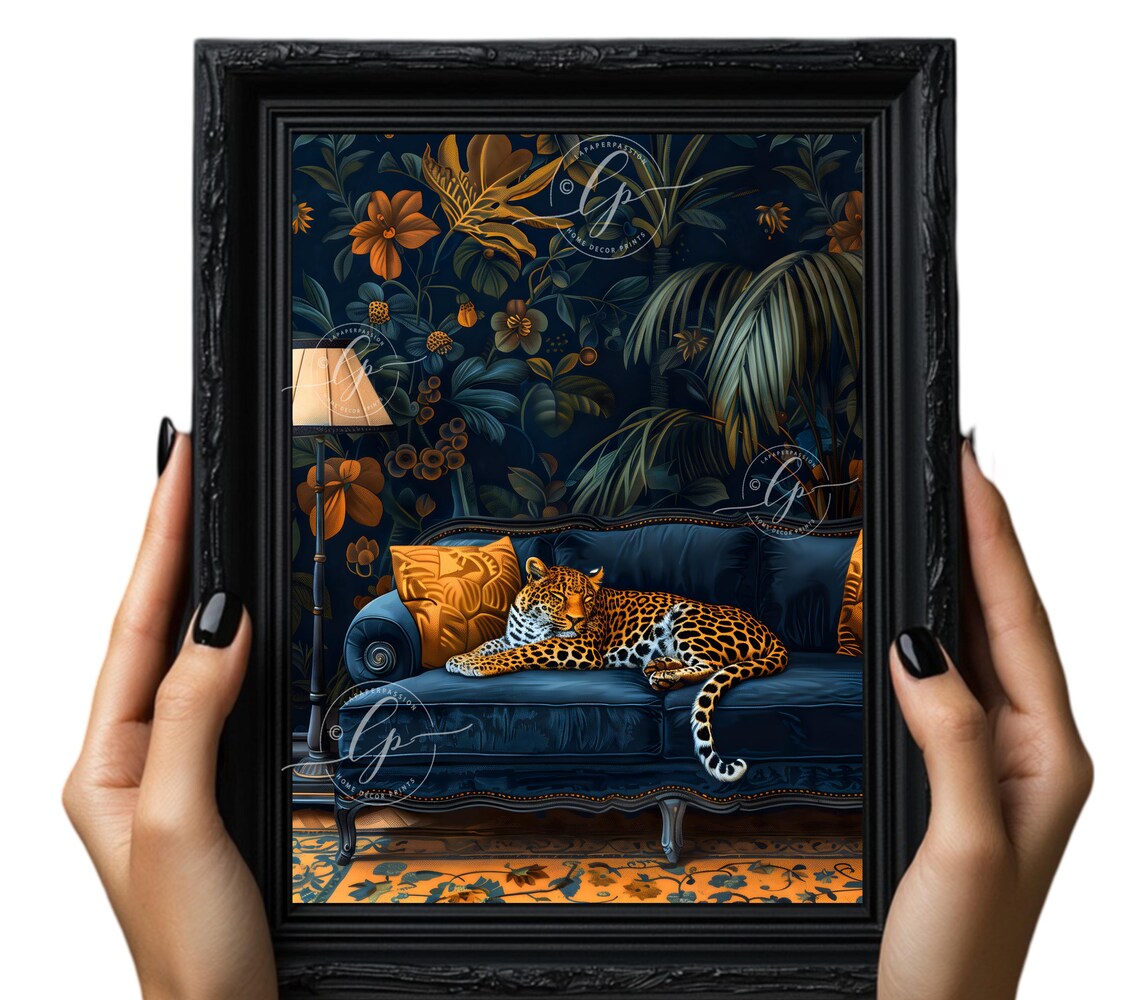 Leopard Navy Velvet Chaise Lounge Dark Floral Maximalist Wall Art - Image 5