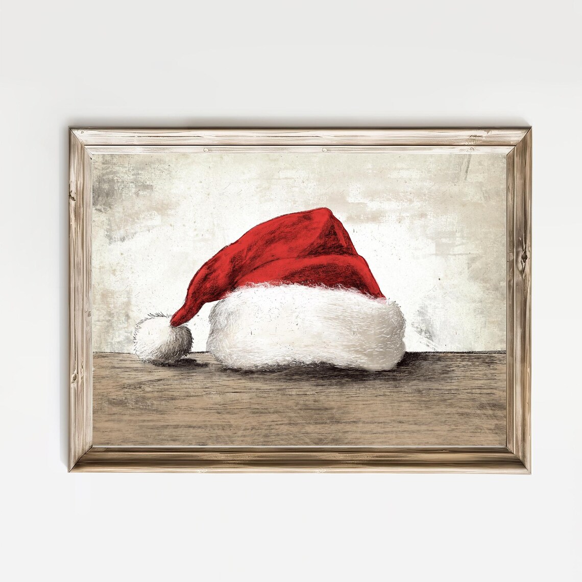 Santa Hat Resting On Wooden Table In Vintage Christmas Style Poster