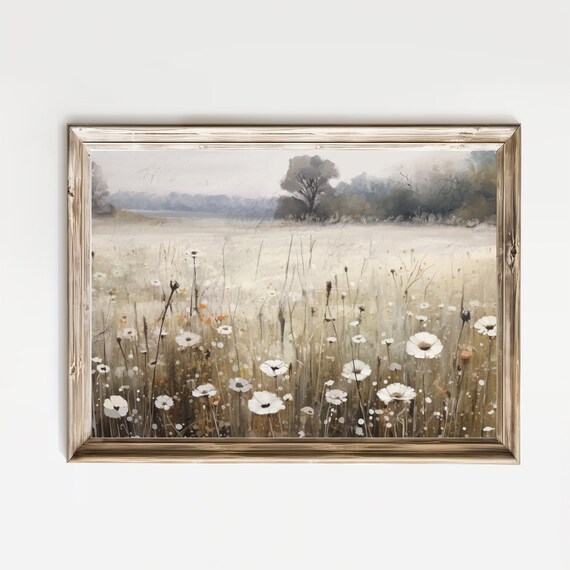 White Wildflowers Misty Meadow Vintage Landscape Oil Painting Poster