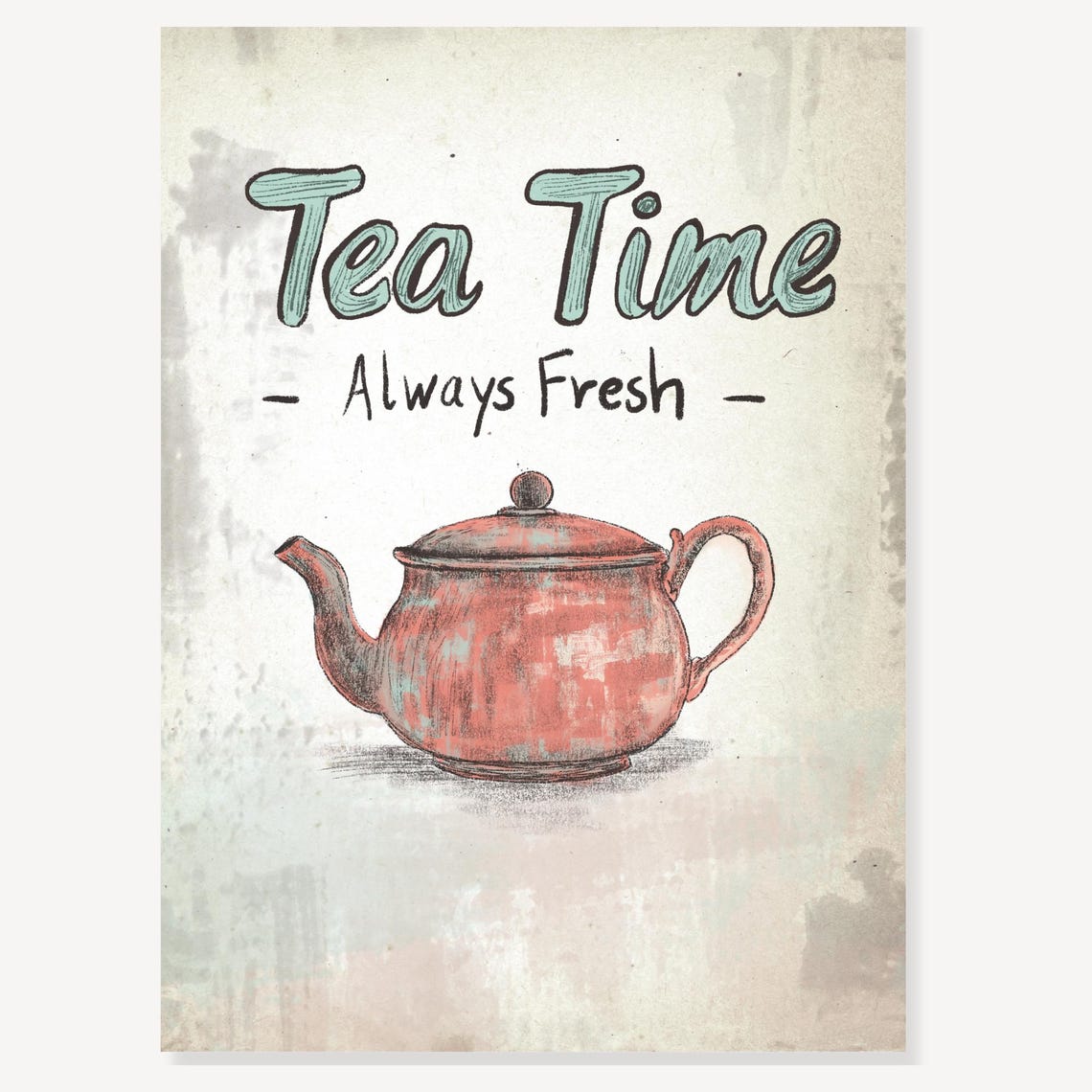 Tea Time Always Fresh Vintage Red Teapot Country Kitchen Poster - Image 2