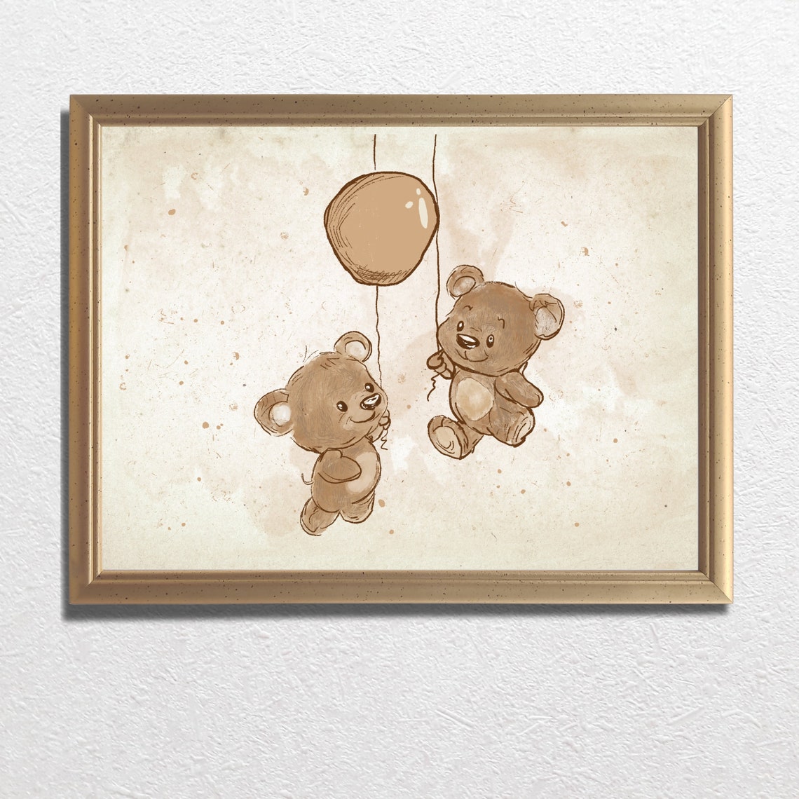 Two Teddy Bears with Balloon Vintage Nursery Sketch Art Print - Image 2