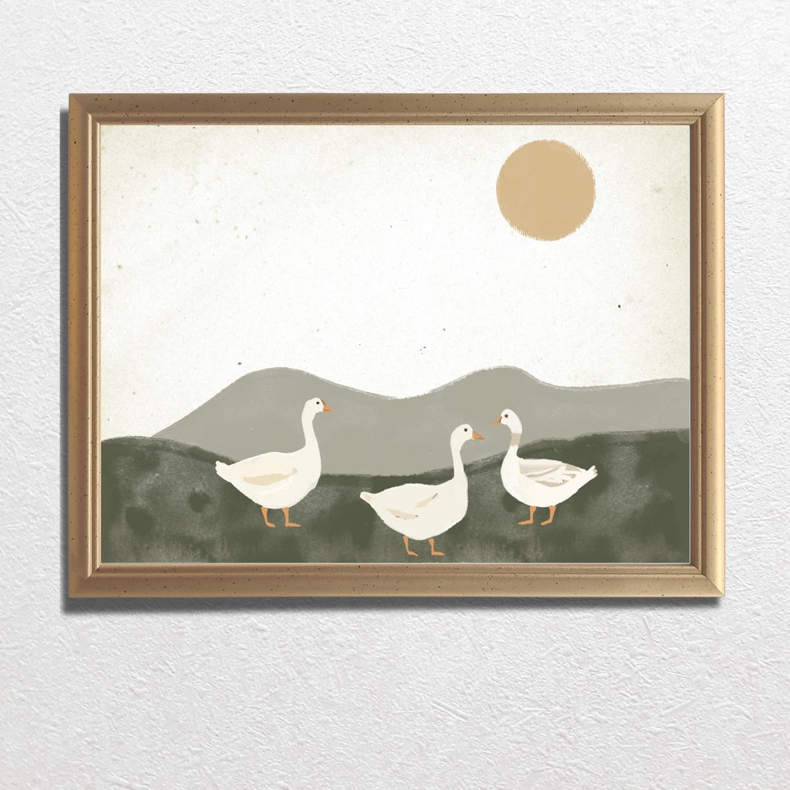 Three White Geese Walking Under Warm Sun Minimalist Wall Art