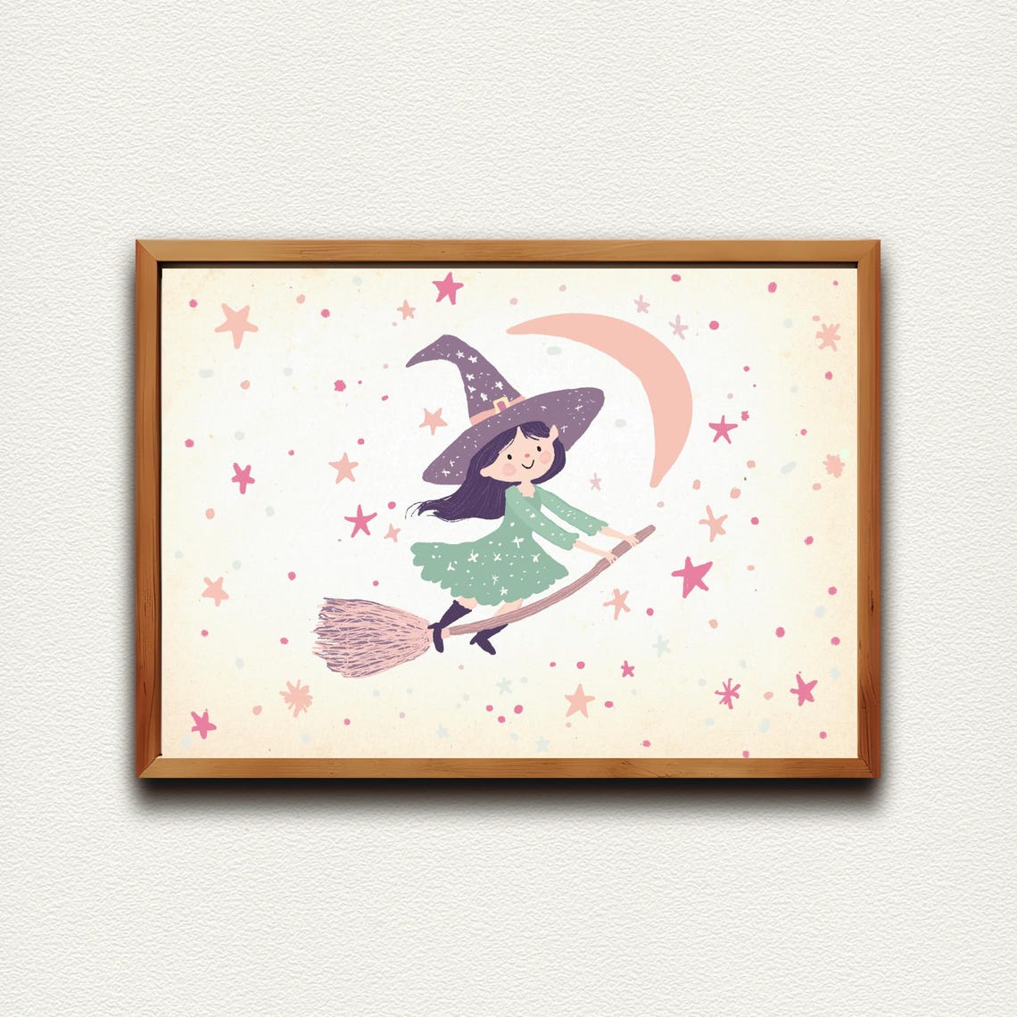 Friendly Witch Broomstick Pastel Moon Cute Halloween Nursery Poster - Image 4