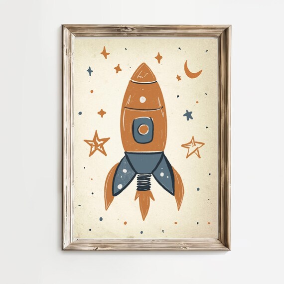 Retro Orange Rocket Ship Among Stars Nursery Space Room Poster