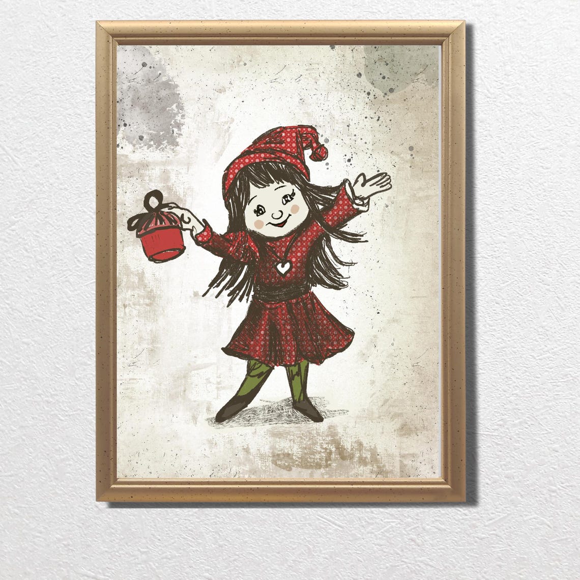 Dancing Christmas Elf Girl With Bell Red Polka Dot Dress Poster - Image 3