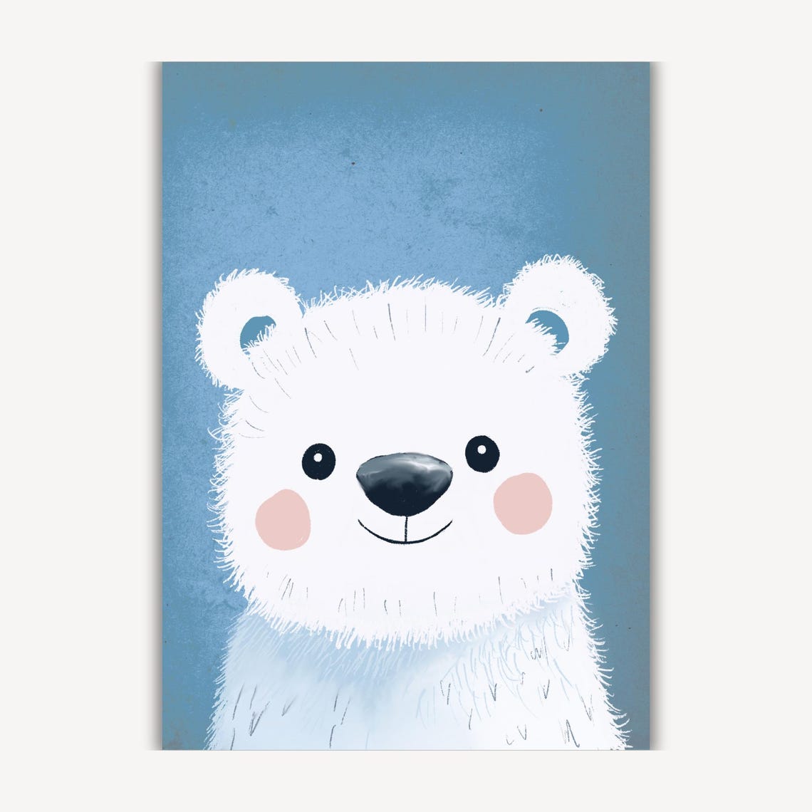 Adorable White Polar Bear Cub Face on Soft Blue Nursery Poster - Image 2