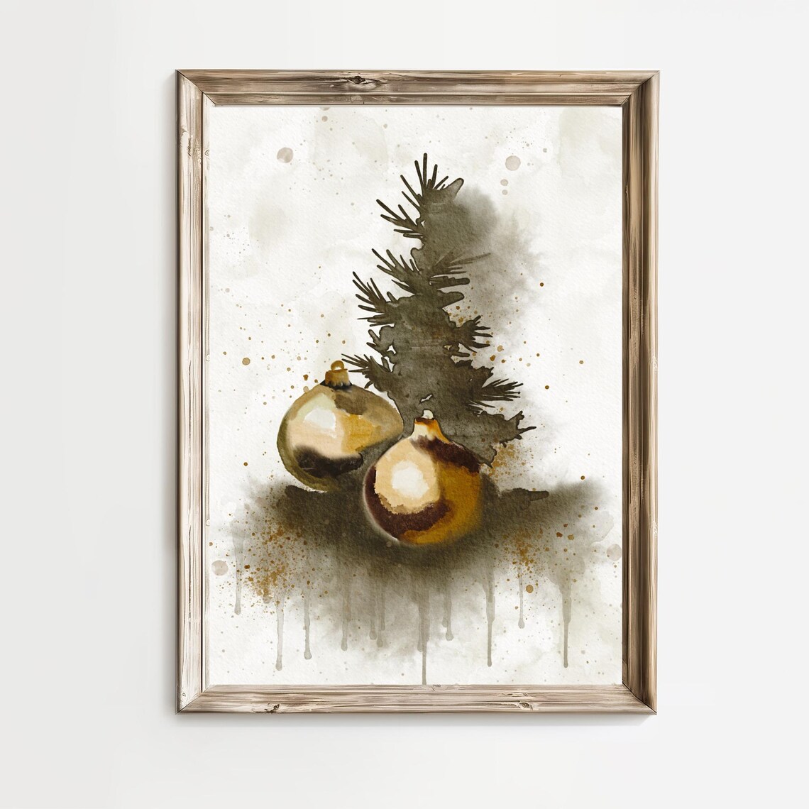 Gold Christmas Ornaments And Evergreen Sprig Watercolor Holiday Poster