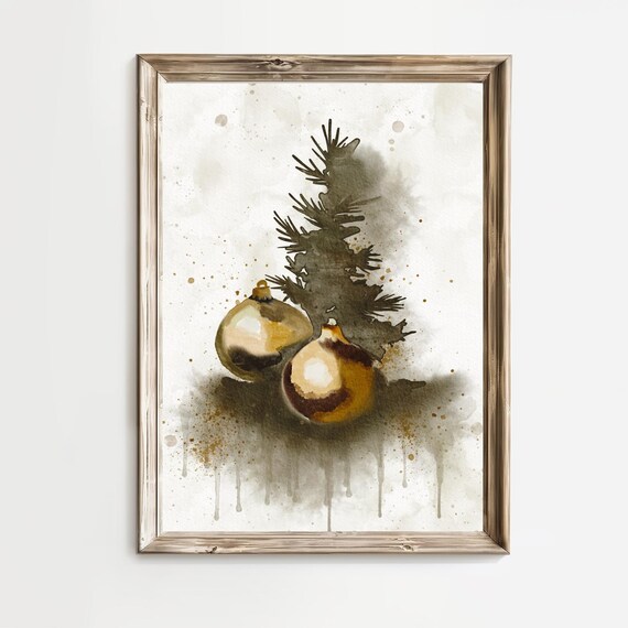 Gold Christmas Ornaments And Evergreen Sprig Watercolor Holiday Poster