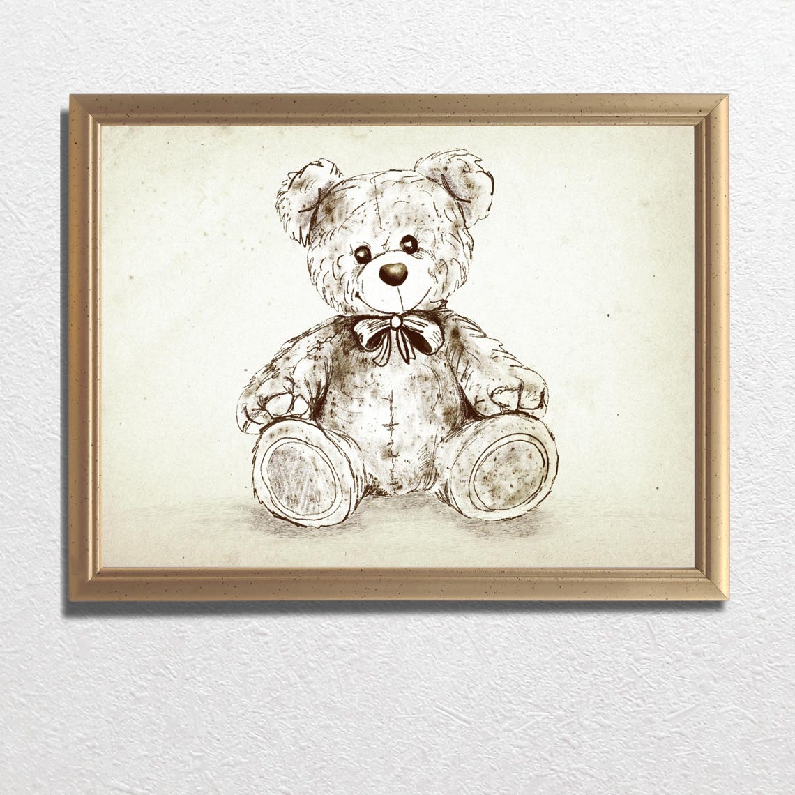 Vintage Sepia Teddy Bear Sketch With Bow Tie Nursery Art Print - Image 3
