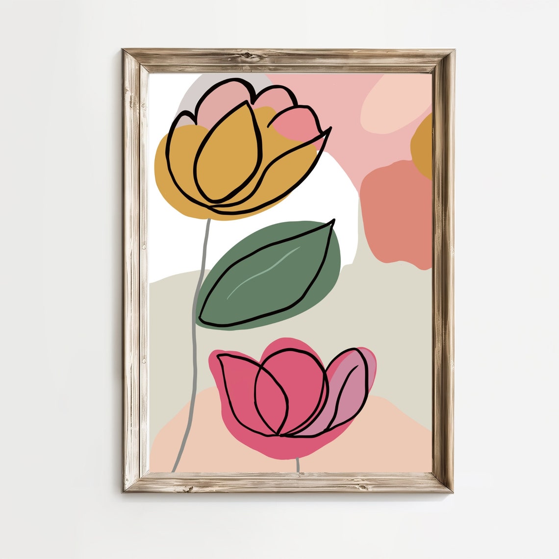 Abstract Gold Tulip and Pink Bloom Minimalist Floral Art Print