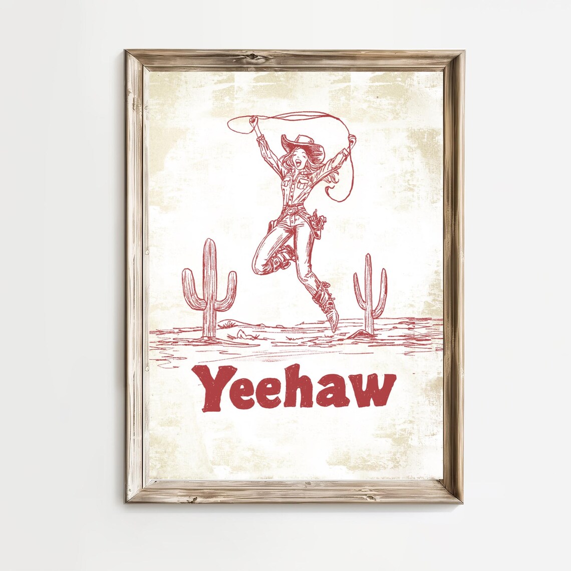 Yeehaw Cowgirl Lasso Desert Cacti Rust Western Line Art Poster
