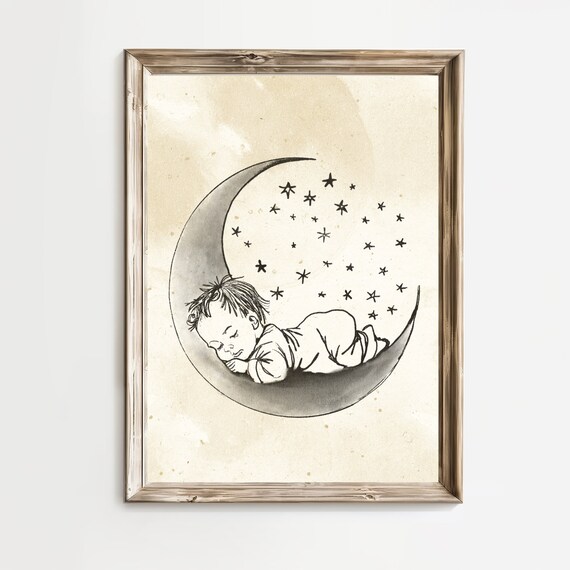 Sleeping Baby on Crescent Moon and Stars Nursery Sketch Poster