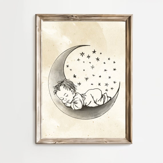 Vintage Nursery Prints Moon Gallery Wall Gender Neutral Baby Sketch Art Print Vintage Illustration Baby Room Decor