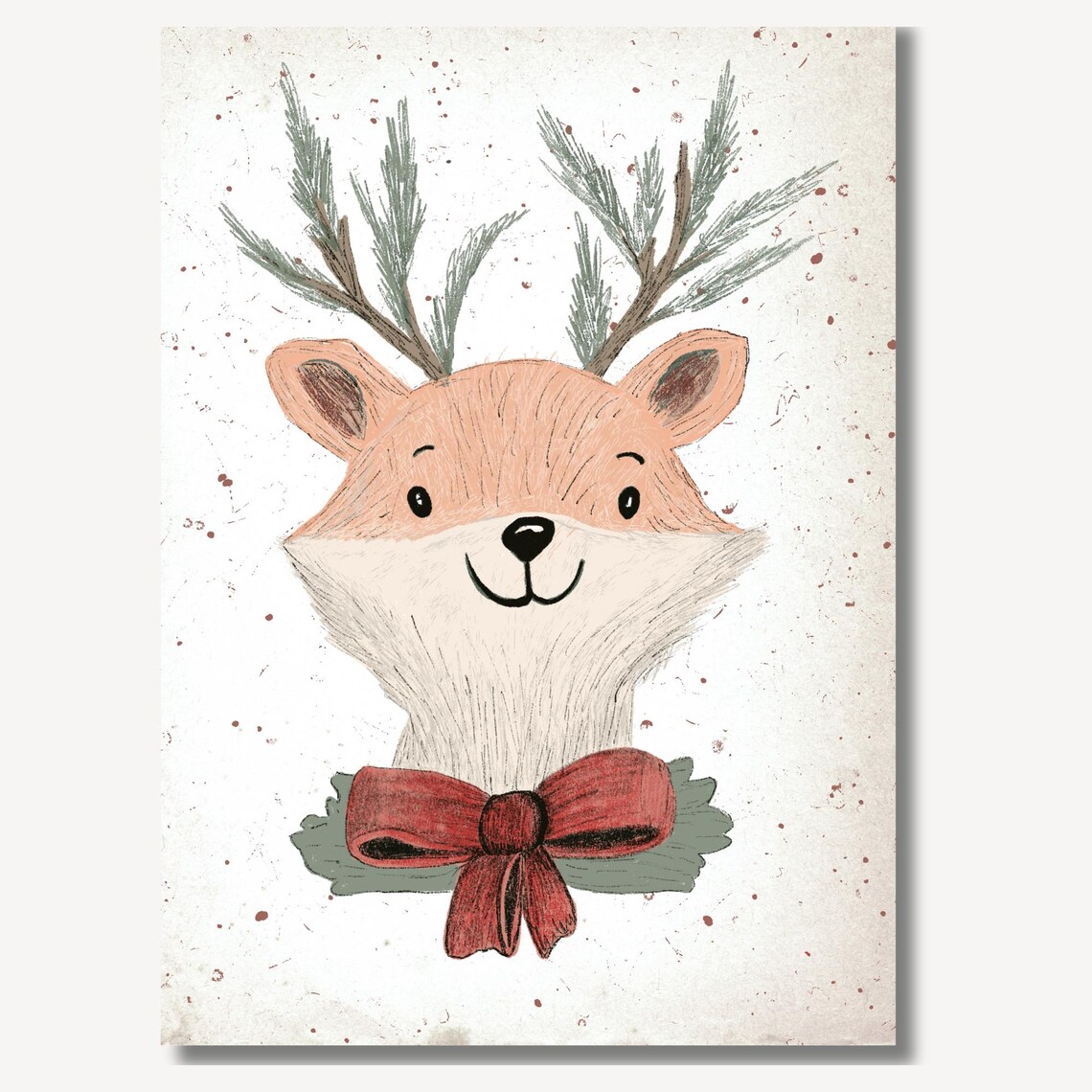 Cute Christmas Reindeer Red Bow Pine Sprig Antlers Kids Wall Art - Image 2