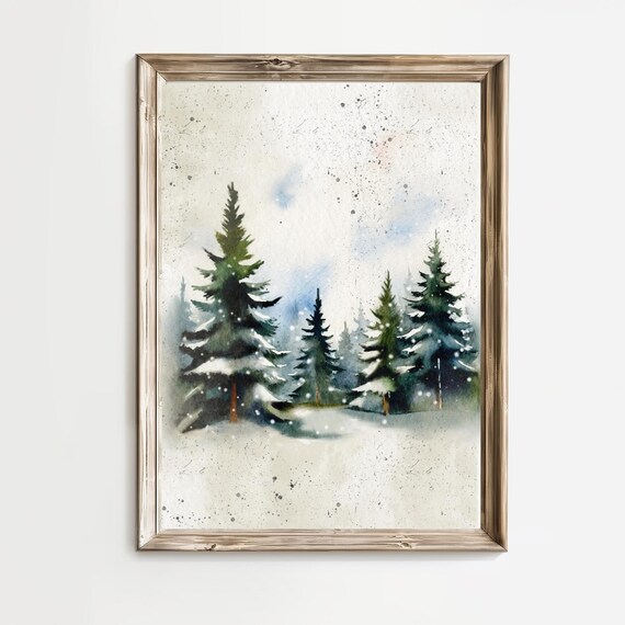 Soft Snow Covered Pine Trees Gently Falling Snow Watercolor Poster