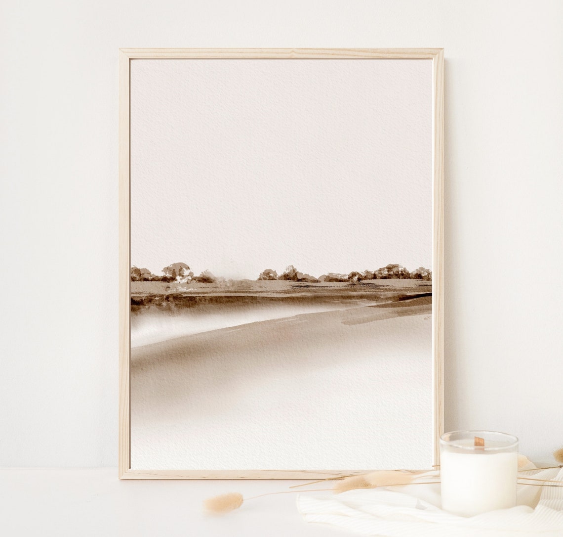 Neutral Beige Watercolor Landscape with Lake and Trees Poster - Image 2