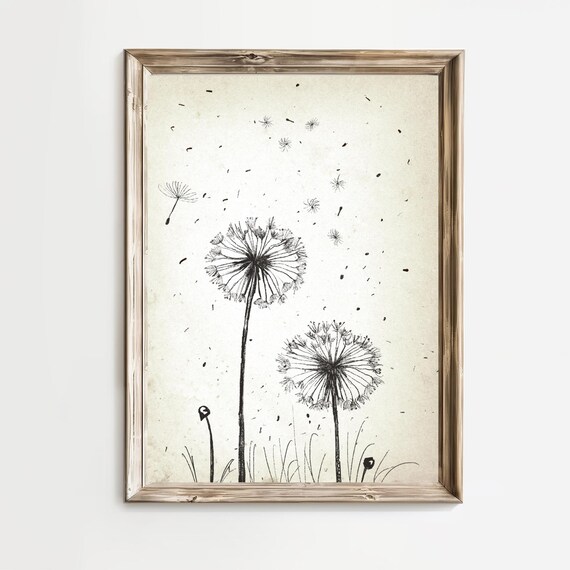 Dandelion Seed Heads Blowing in the Wind Botanical Art Print
