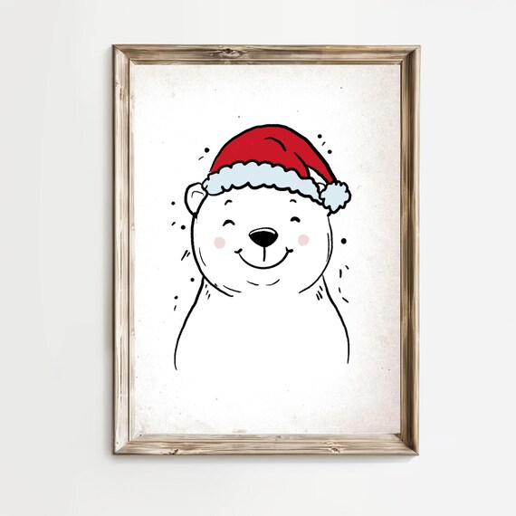 Smiling Polar Bear In Santa Hat For Nursery Christmas Room Poster