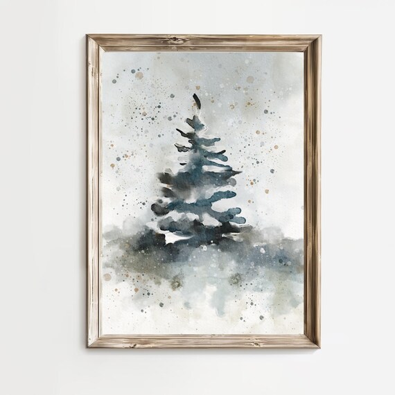 Lone Blue Pine Tree Winter Watercolor Minimalist Christmas Poster