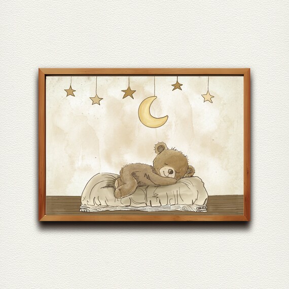 Sleeping Teddy Bear with Moon and Stars Vintage Nursery Sketch Poster