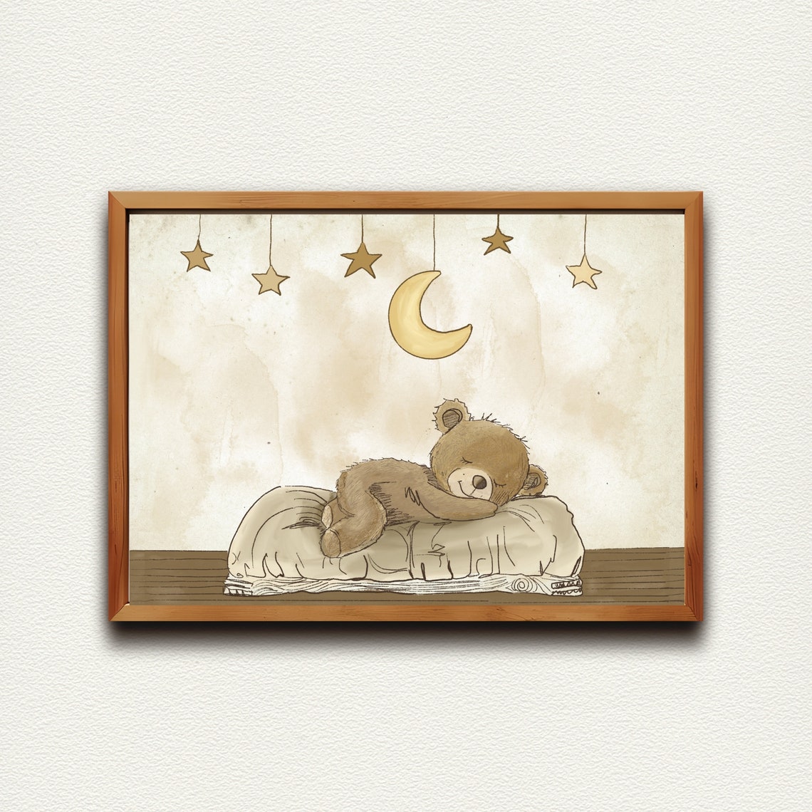 Sleeping Teddy Bear with Moon and Stars Vintage Nursery Sketch Poster