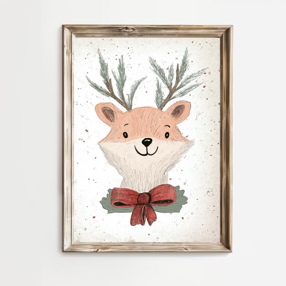 Cute Christmas Reindeer Red Bow Pine Sprig Antlers Kids Wall Art