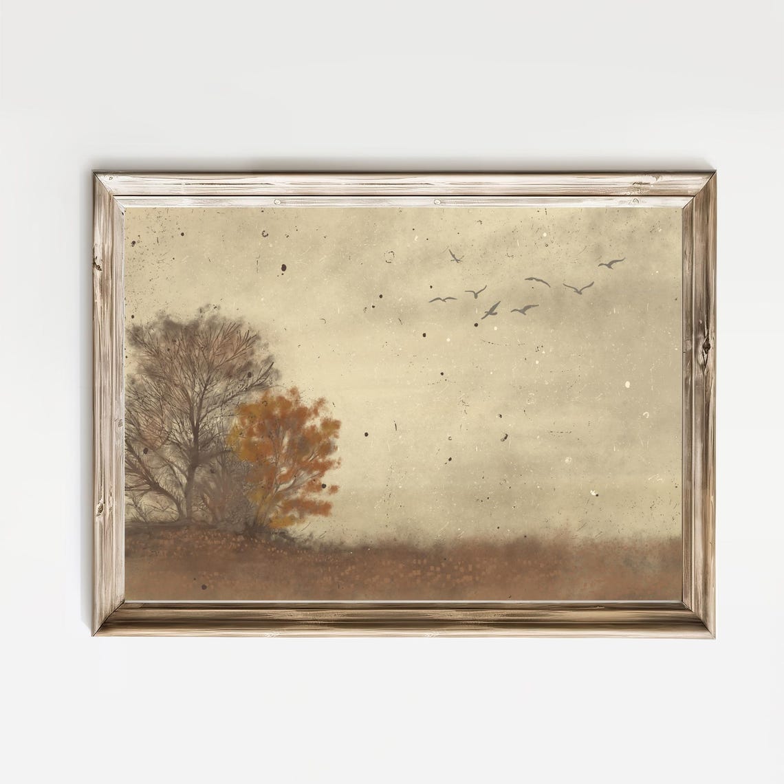 Flock Of Birds Over Lone Autumn Tree In Misty Landscape Wall Art