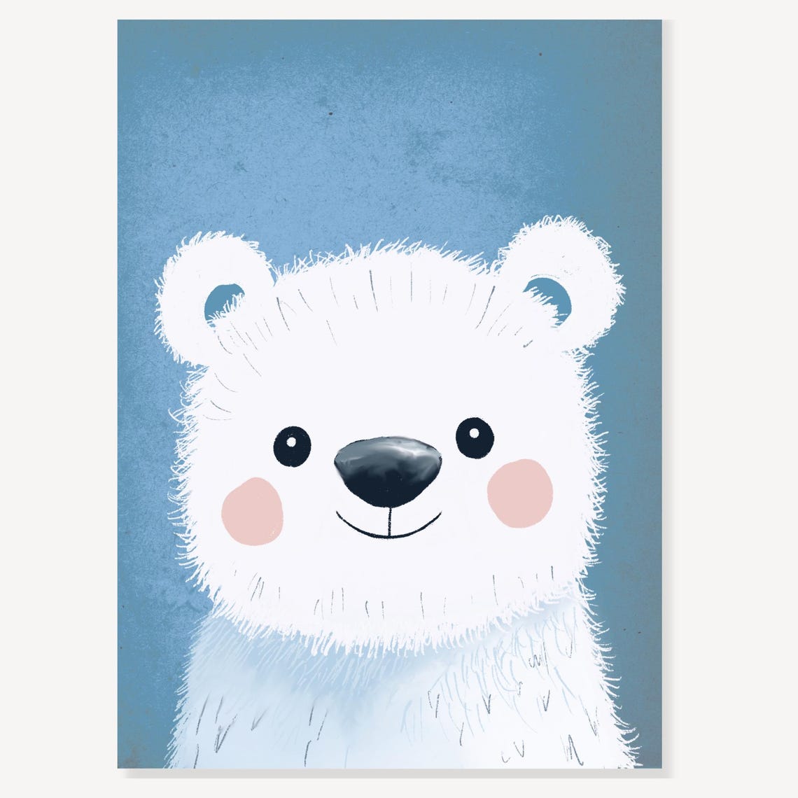Adorable White Polar Bear Cub Face on Soft Blue Nursery Poster - Image 3